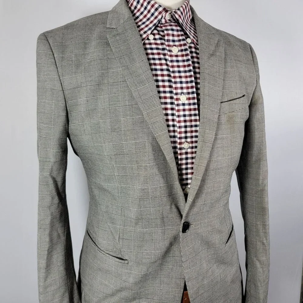 H&M Men's Sport Coat Blazer One Button Gray Plaid Polyester Blend Skinny Fit 40R